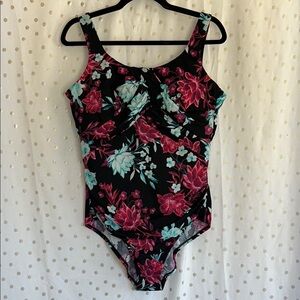 Lands' End Black Floral One Piece Swimsuit